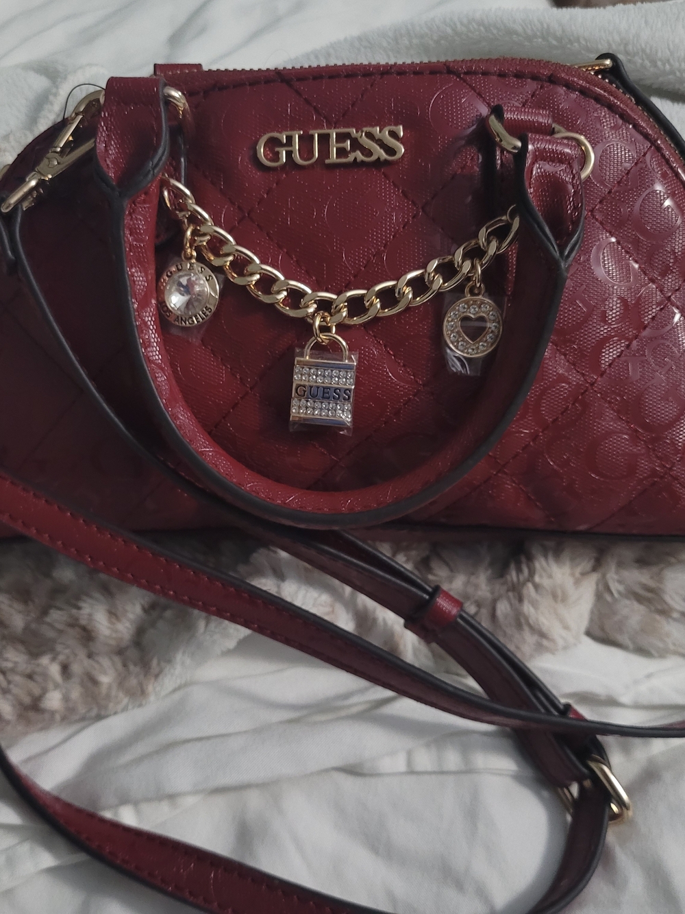 Guess Burgundy Red Quilted Patent Logo Dome Satchel Crossbody Bag Gold Charms